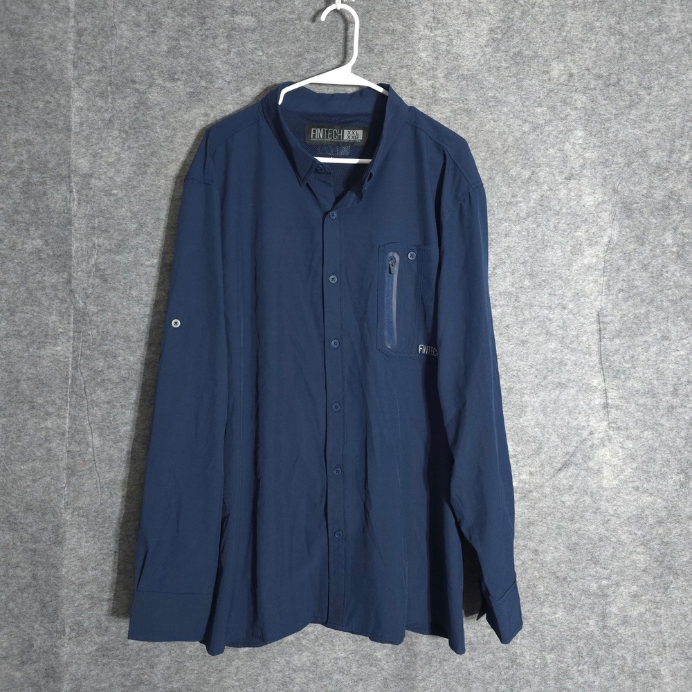 Fintech Fishing Shirt Mens XXL Navy Blue Long Sleeve Roll Tab Zip Pocket Stretch
